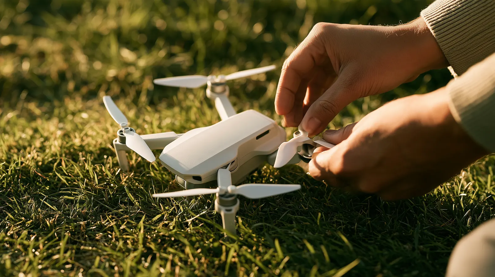 Hands checking the propellers of a small white quadcopter resting on grass before a flight.