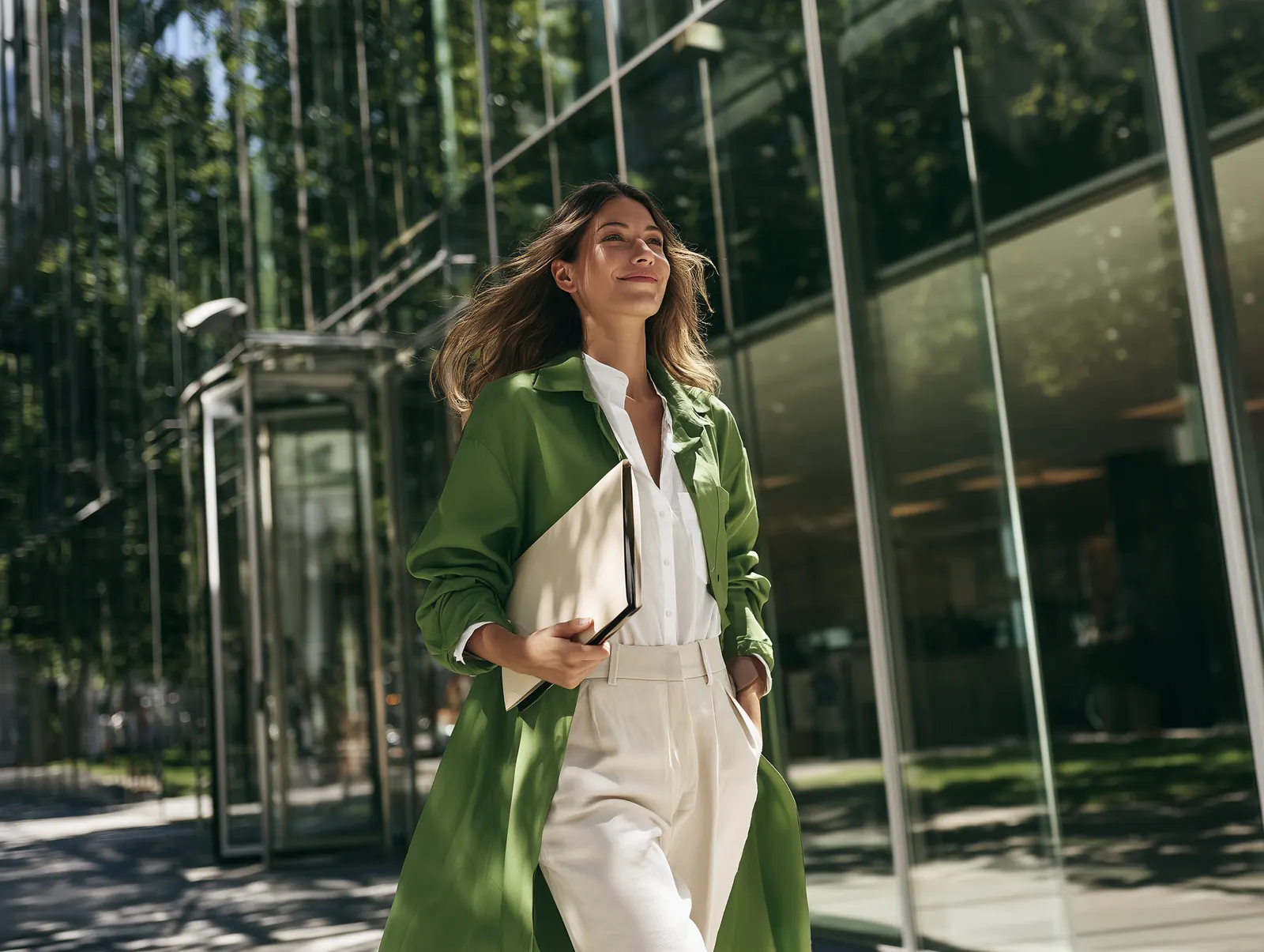 A smiling person in a green coat walks out of a glass office building holding a folder.