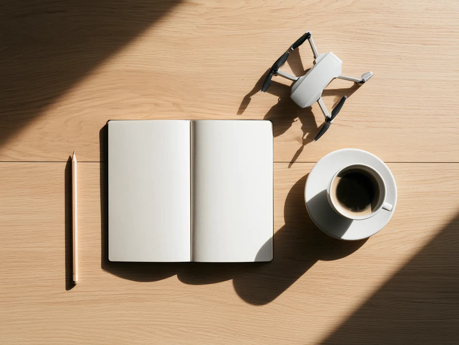 An open blank notebook, a pencil, a cup of coffee and a folded quadcopter on a wooden desk.