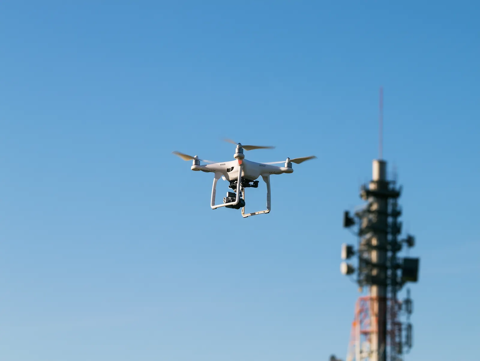 A white quadcopter flying in a clear blue sky near a tall radio tower.