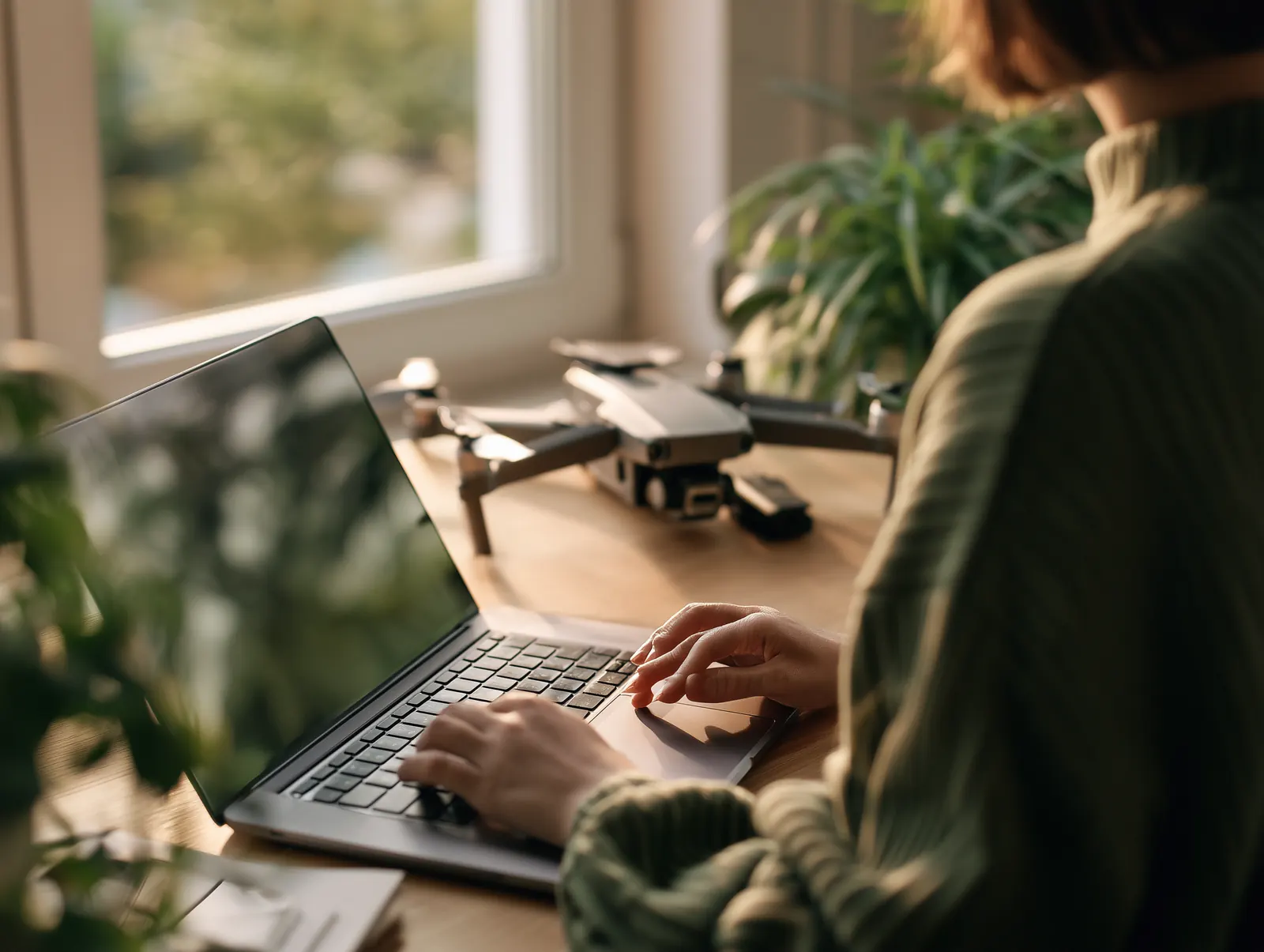 A person typing on a laptop at a desk at home, with a drone on the desk beside the laptop.