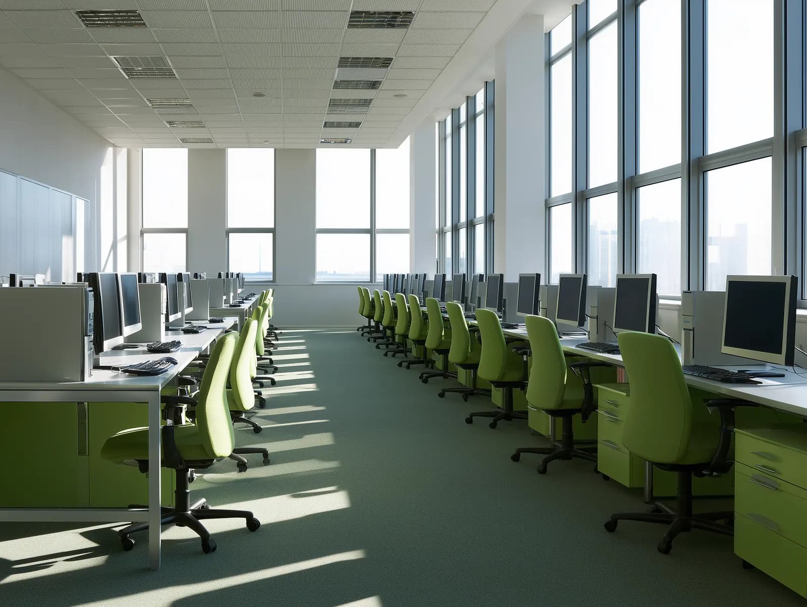 An empty, bright computer testing room with rows of desks and green chairs.