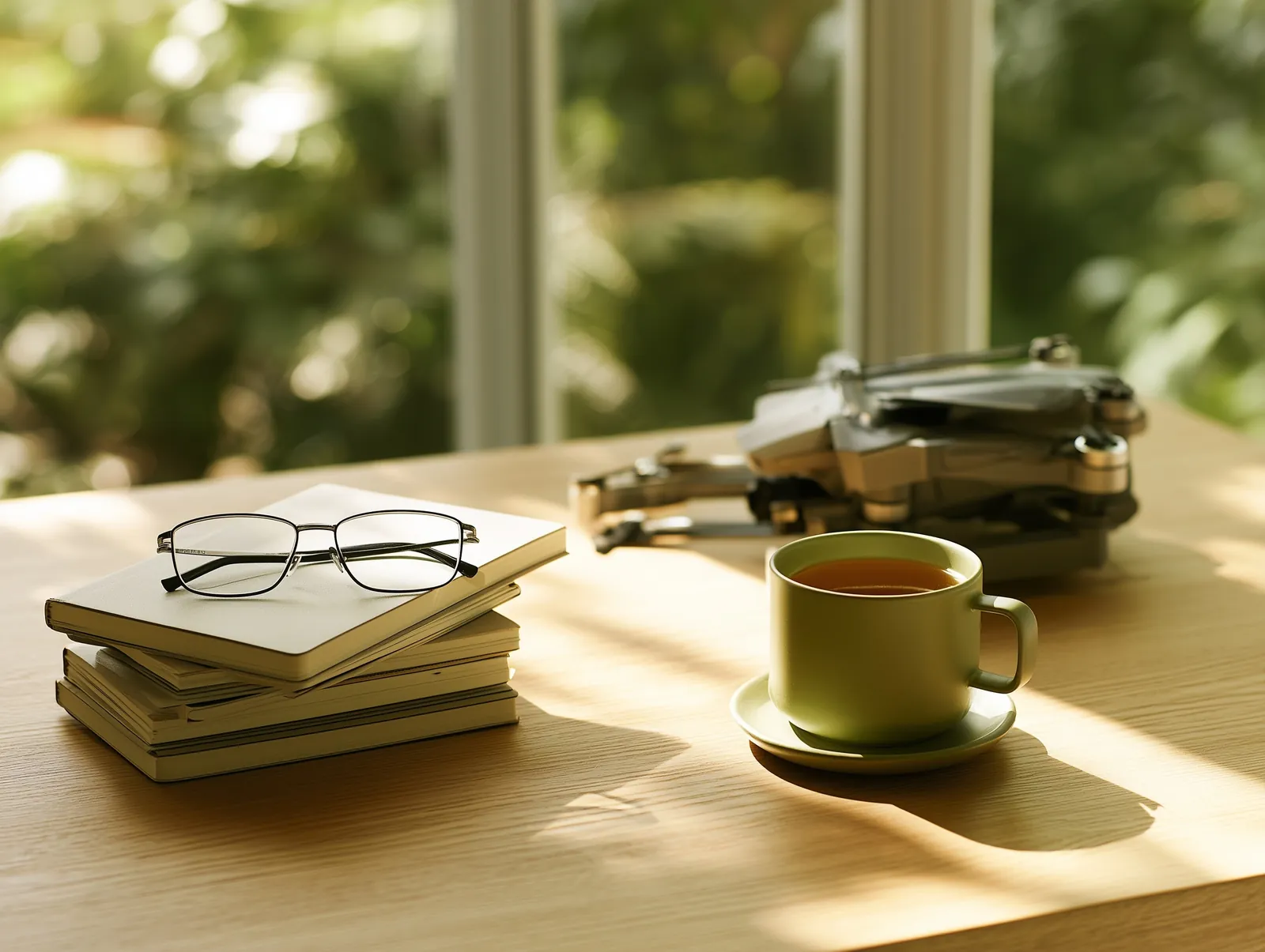 A stack of notebooks topped with eyeglasses sits on a wooden table beside a cup of tea and a folded drone.