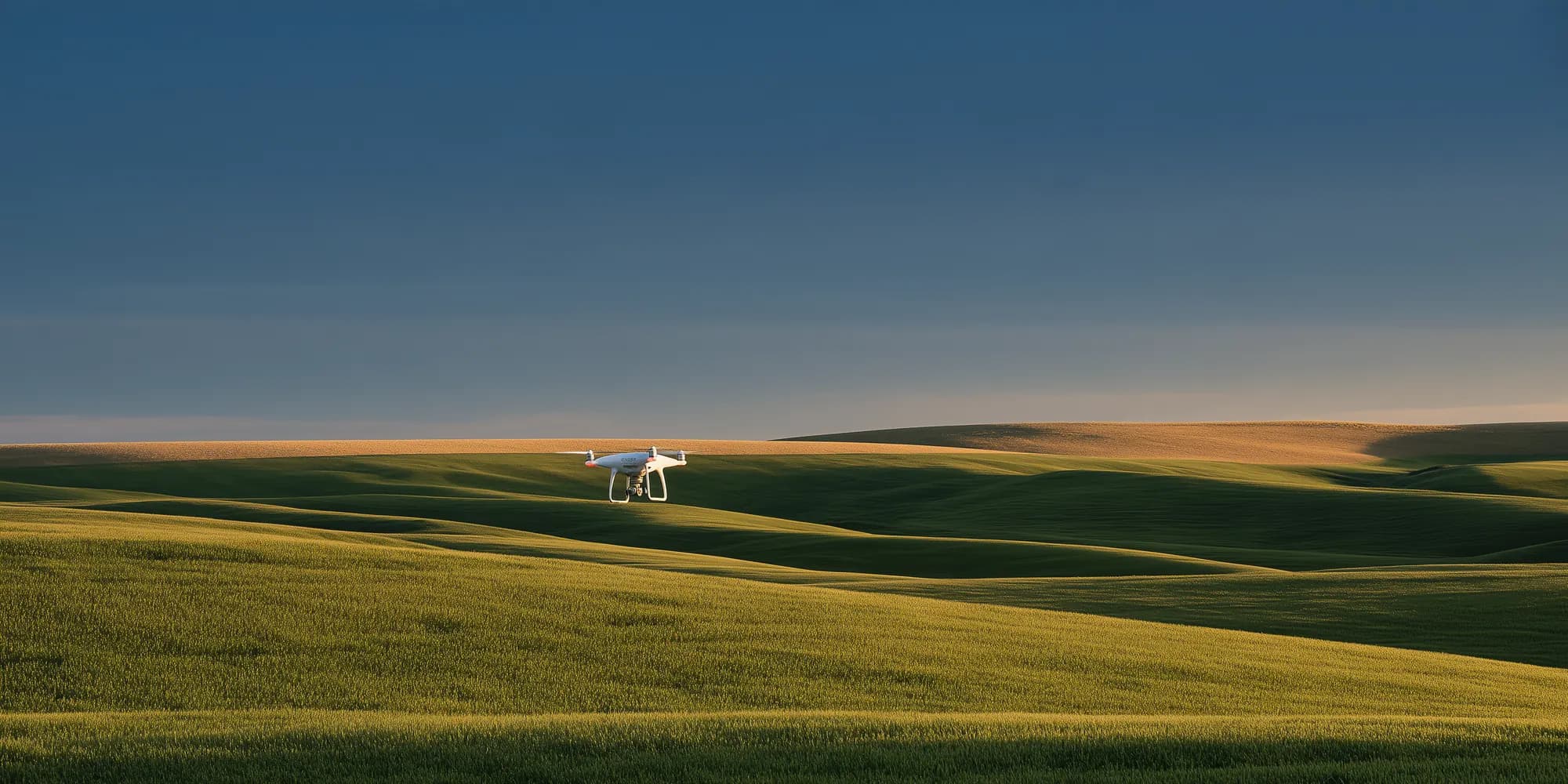 A small white quadcopter flying low over rolling green farmland at sunset.