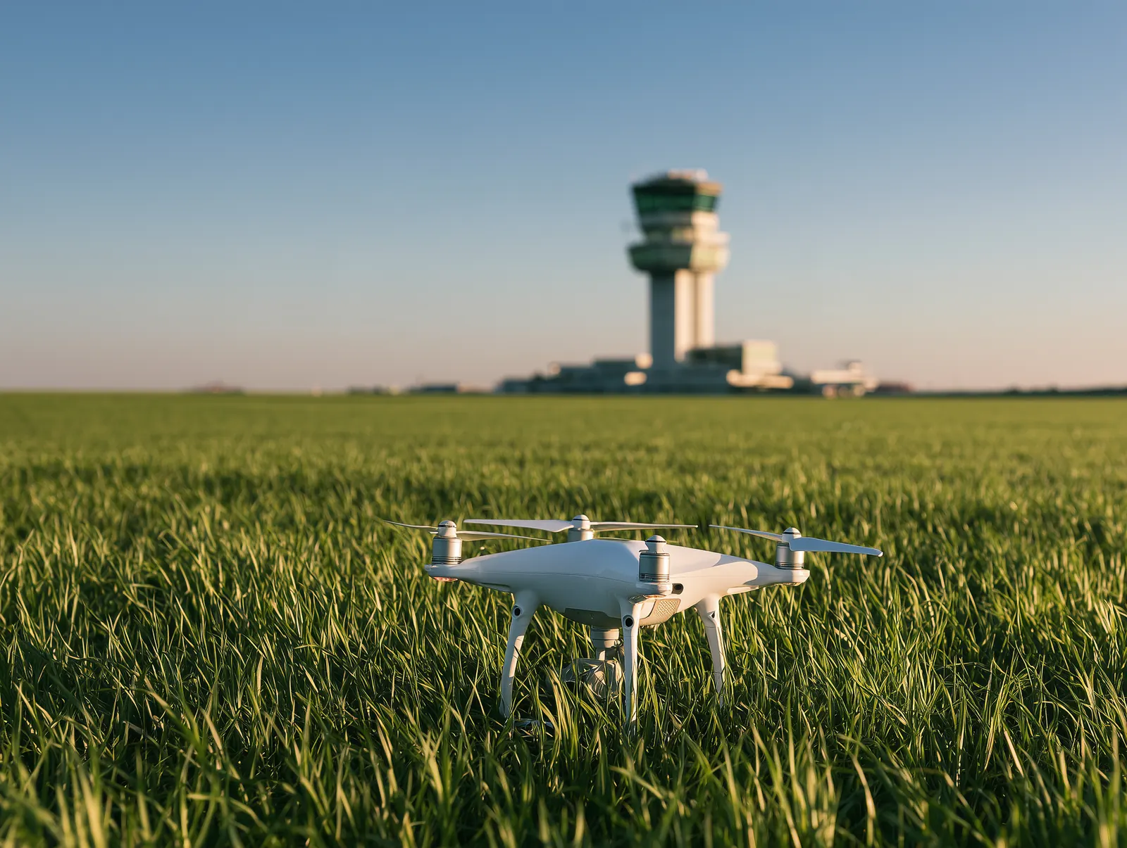 A white quadcopter on the ground in a grass field, with an airport control tower in the distance.