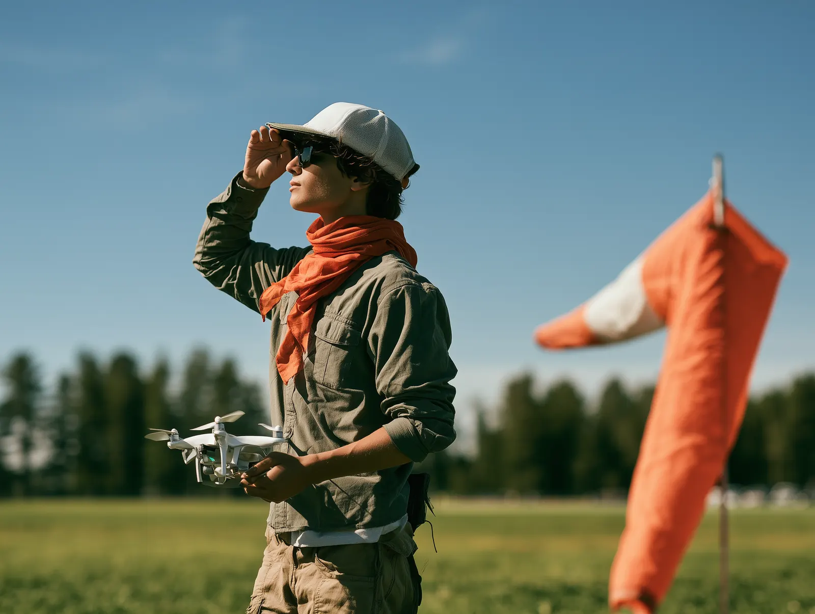 A drone pilot holding a quadcopter shades their eyes to look at the sky beside an orange windsock.