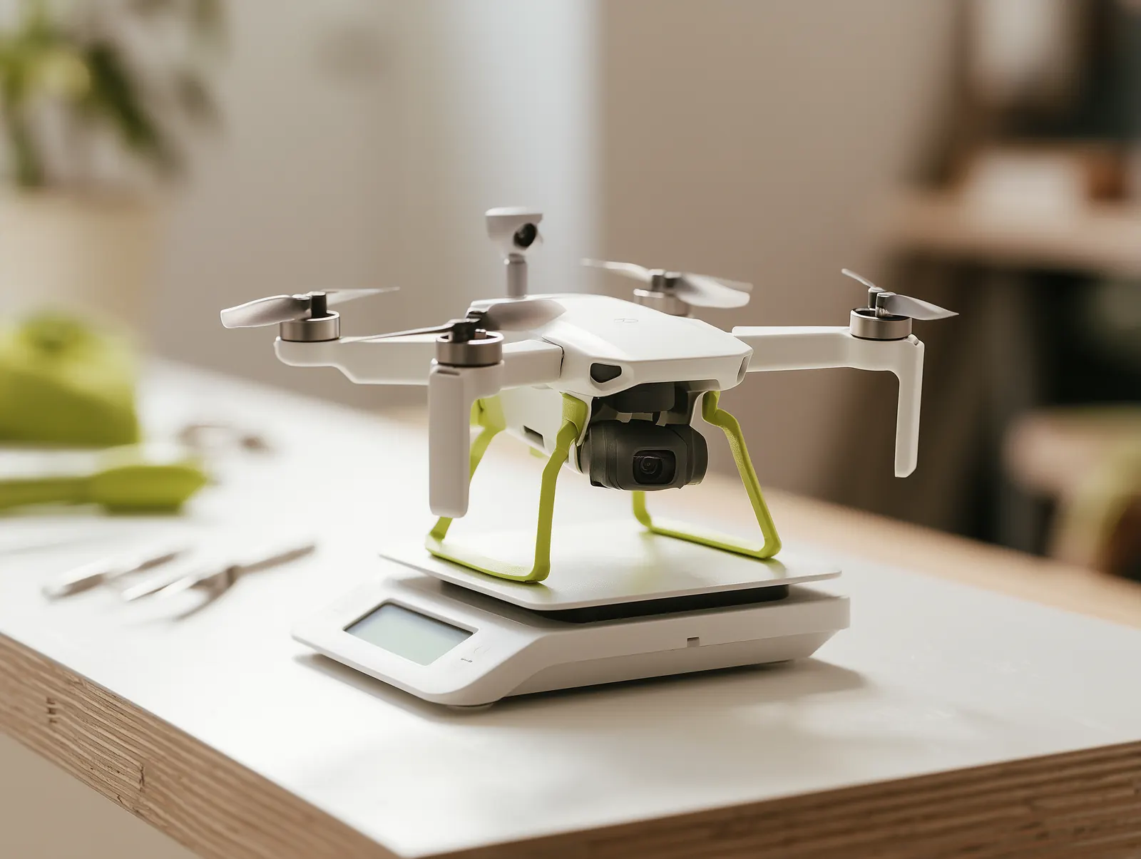 A white quadcopter with a camera sitting on a digital scale.