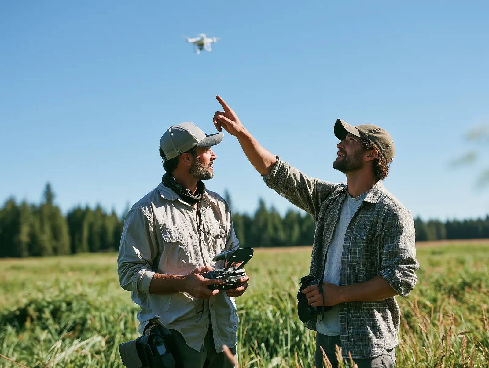 A two-person drone crew in a field: one holds the controller while the other points up at the quadcopter.