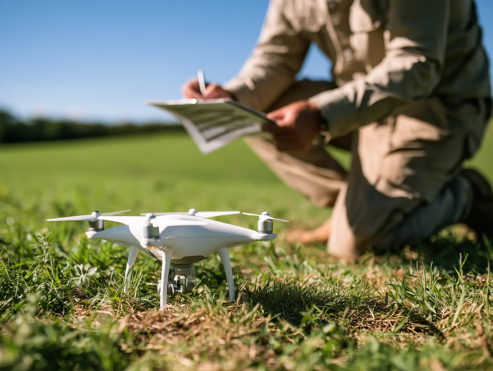 A drone pilot kneeling beside a white quadcopter, filling in a checklist on a clipboard.