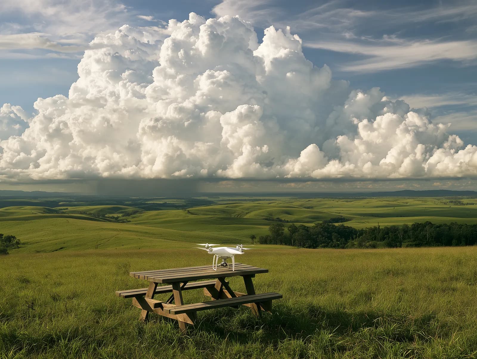 Towering white cumulus clouds over green hills, with a darker storm cloud in the distance and a quadcopter resting on a picnic table.